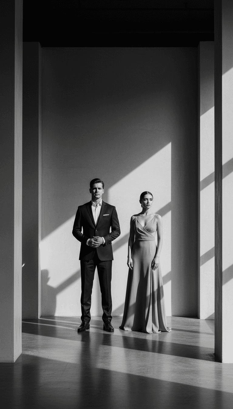 Editorial couple portrait with architectural negative space