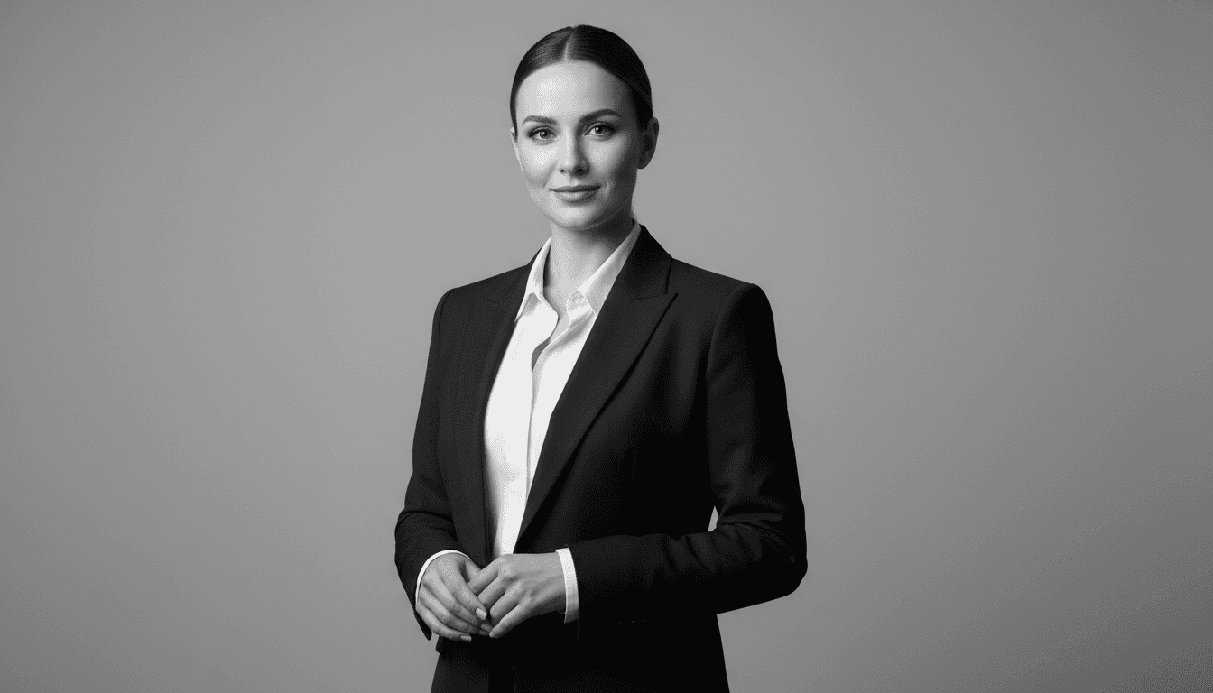 Person in black and white against beige background, elegant photography style.