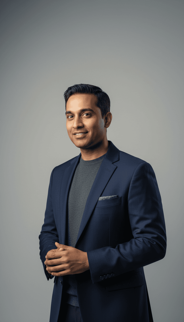 Professional male photographer in tailored blazer against studio backdrop with flattering dimensional lighting