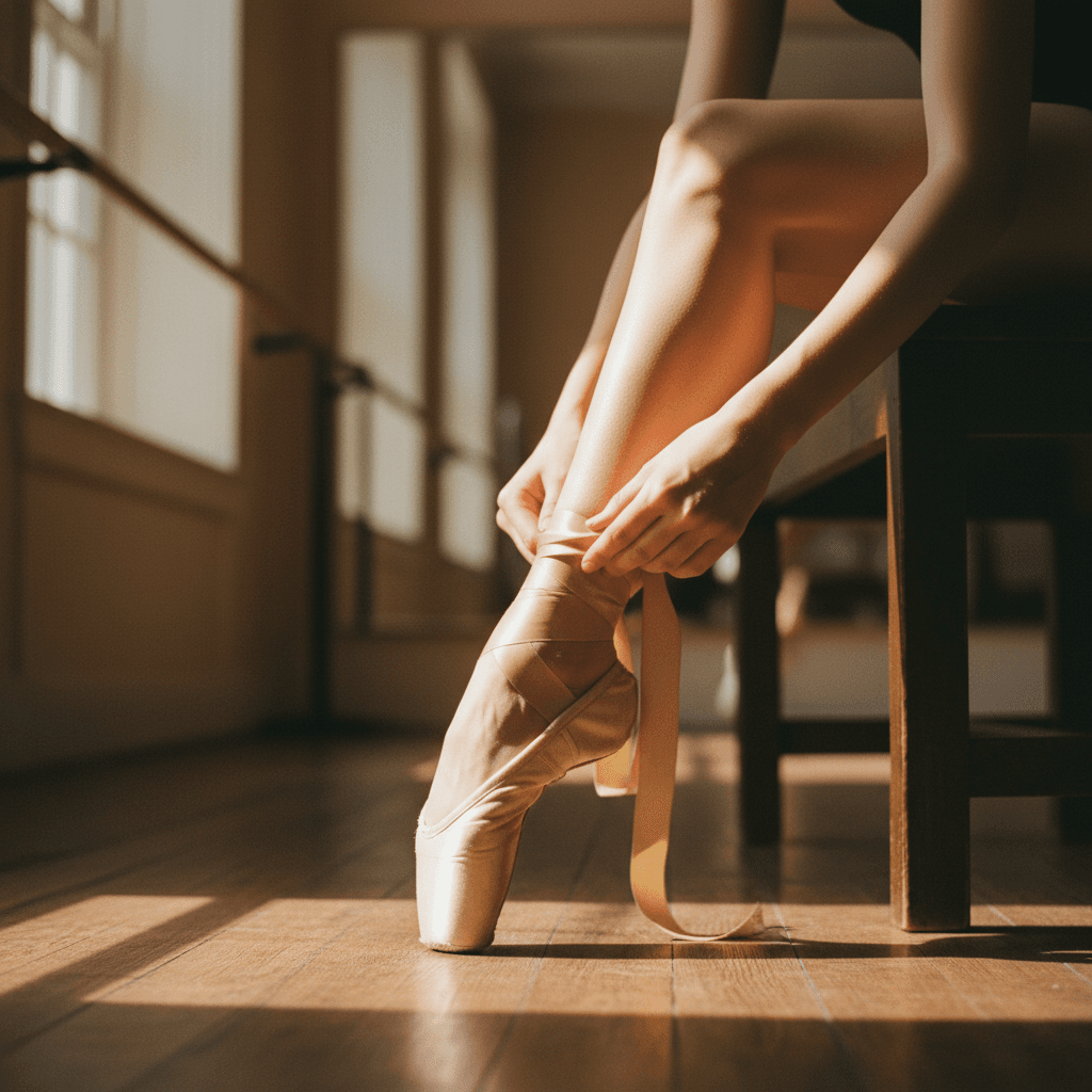 Close-up of dancer's hands carefully tying silk ribbons on pointe shoes with warm window lighting