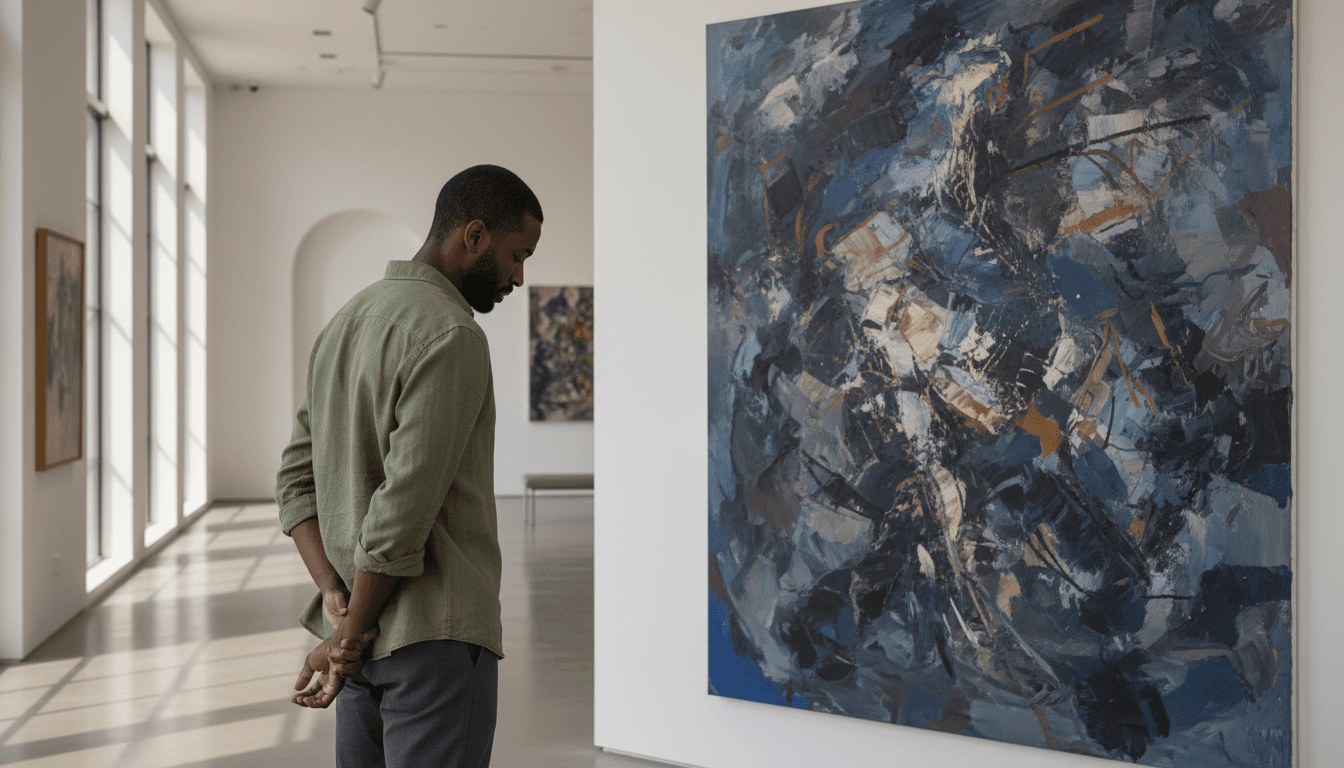 Male visitor standing contemplatively before large abstract painting in naturally lit contemporary gallery space