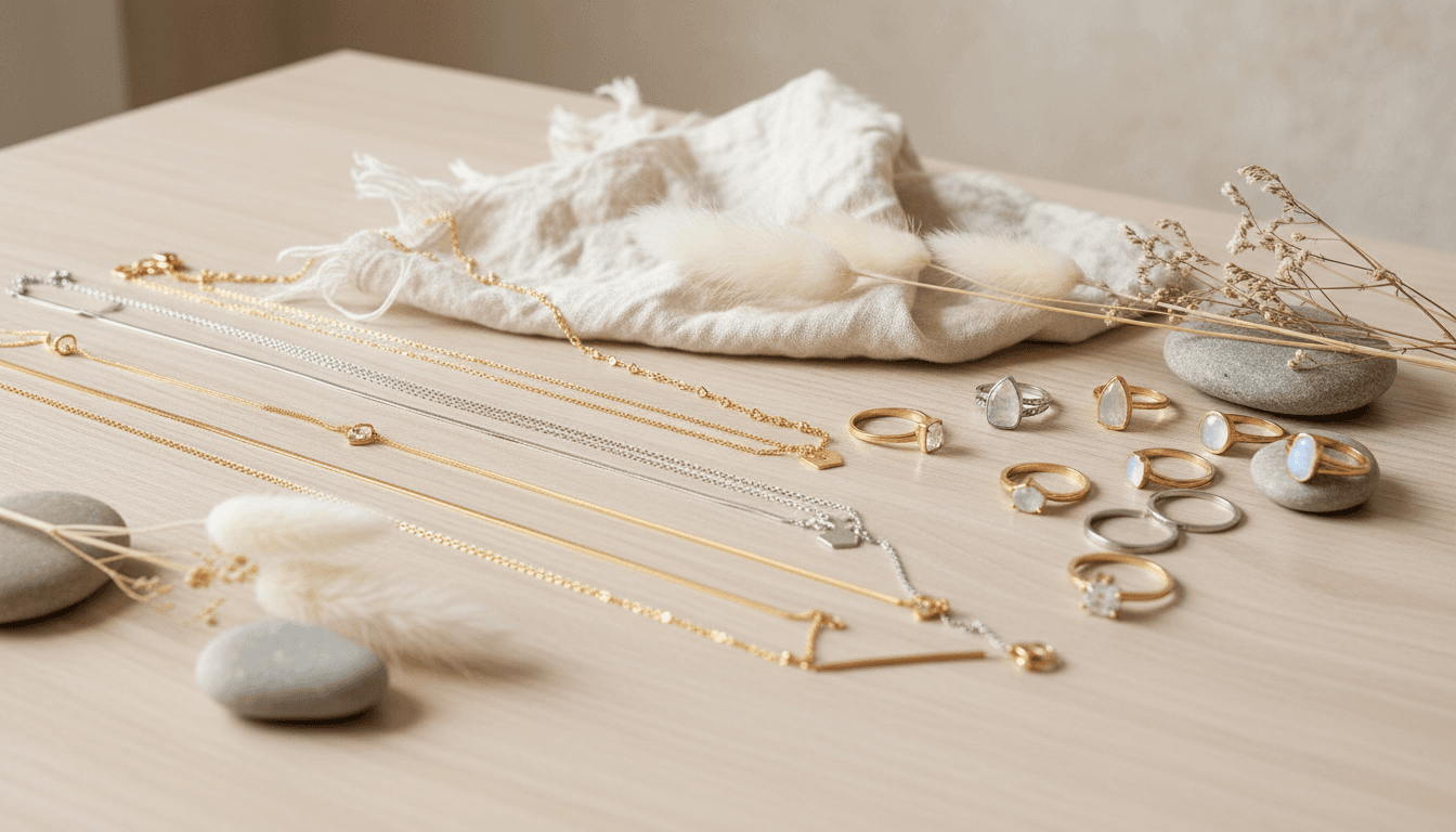 Arranged jewelry collection including necklaces and rings with natural elements on light wood surface
