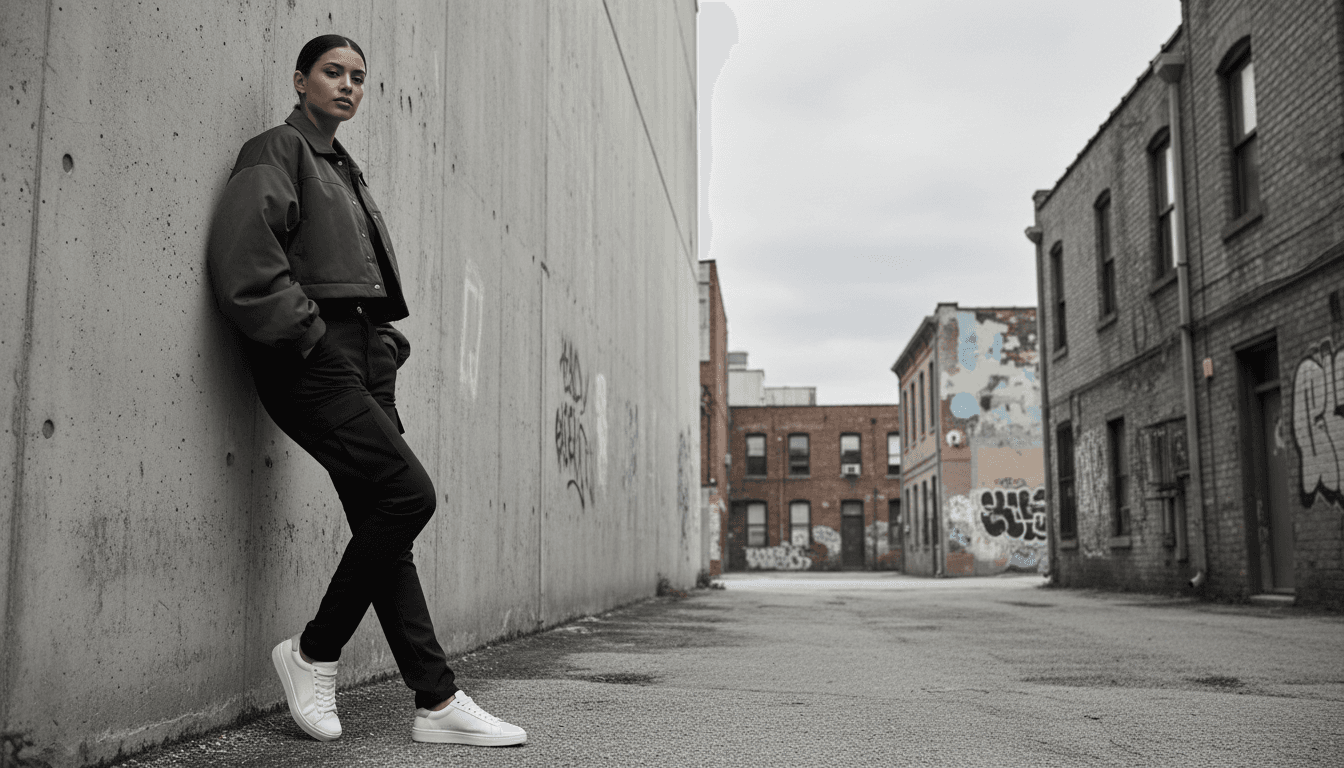 Person in full-body shot wearing cropped jacket and cargo pants against urban concrete wall, showcasing contemporary streetwear proportions